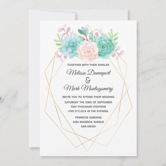 Invitation Mariage aux succulentes à l'aquarelle rose et vert (Devant)
