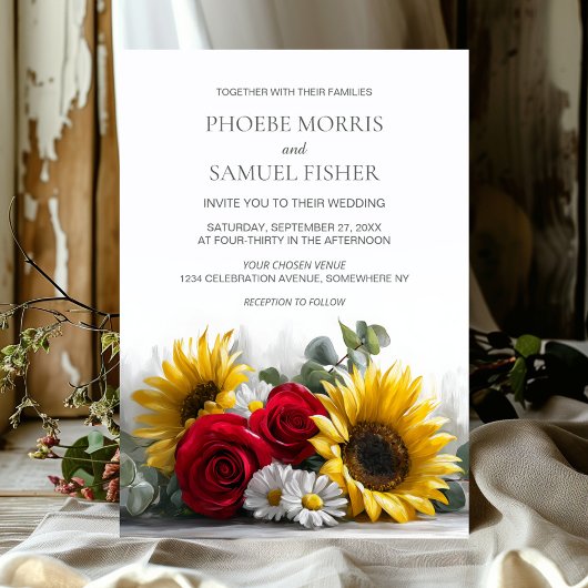 Invitation Mariage aux Tournesols Rustiques et Roses