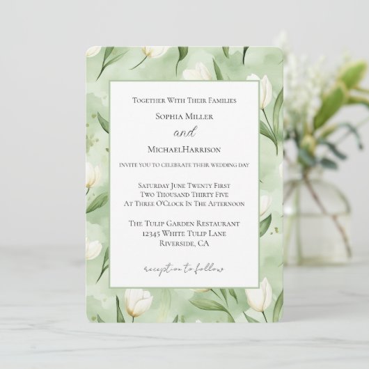 Invitation Mariage aux Tulipes Blanches et Vertes Pretty (Debout devant)