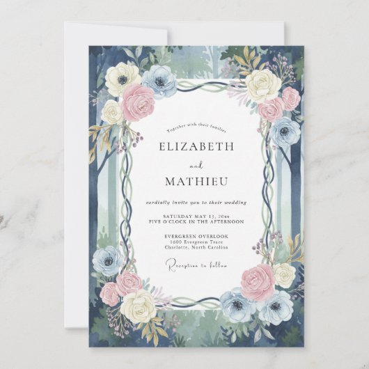 Invitation Mariage aux vignes bleu marine et rose (Devant)
