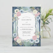 Invitation Mariage aux vignes bleu marine et rose (Debout devant)