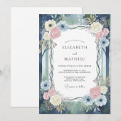 Invitation Mariage aux vignes bleu marine et rose (Devant / Derrière)