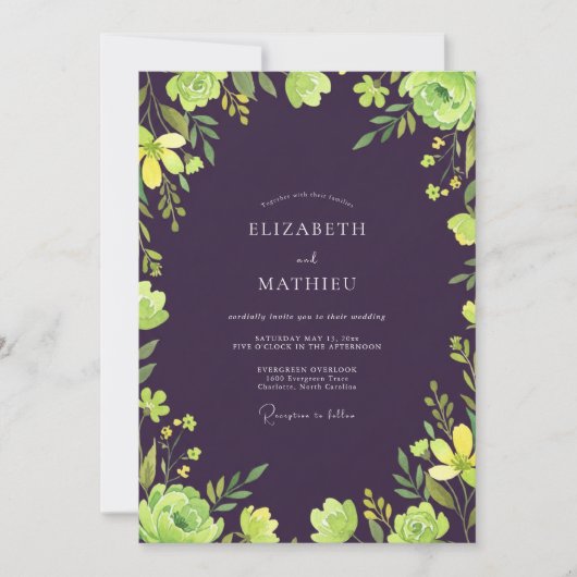 Invitation Mariage aux vignes chartreuse et prune (Devant)