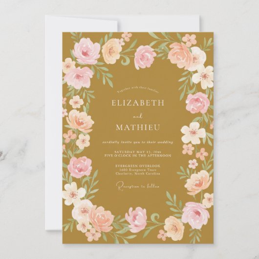 Invitation Mariage aux vignes roses et moutarde (Devant)