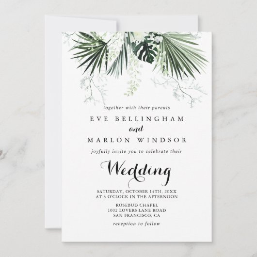 Invitation Mariage avant et arrière blanc vert tropical (Devant)