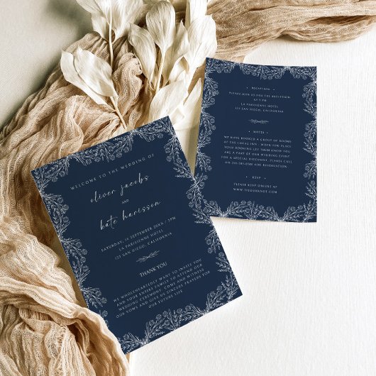 Invitation Mariage avant et arrière bleu de la marine florale