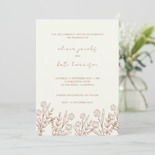 Invitation Mariage avant et arrière en terre cuite crème fleu (Debout devant)