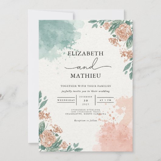 Invitation Mariage avec Arche Fleurie Corail et Turquoise (Devant)
