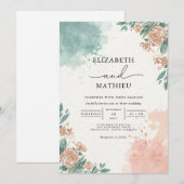 Invitation Mariage avec Arche Fleurie Corail et Turquoise (Devant / Derrière)