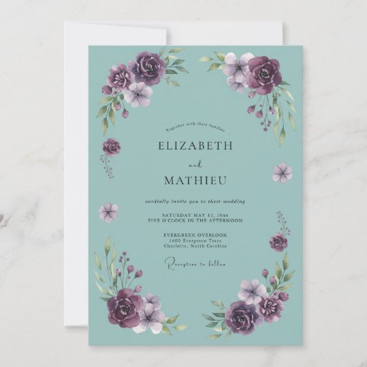 Invitation Mariage avec Arche Fleurie Violet Profond (Devant)