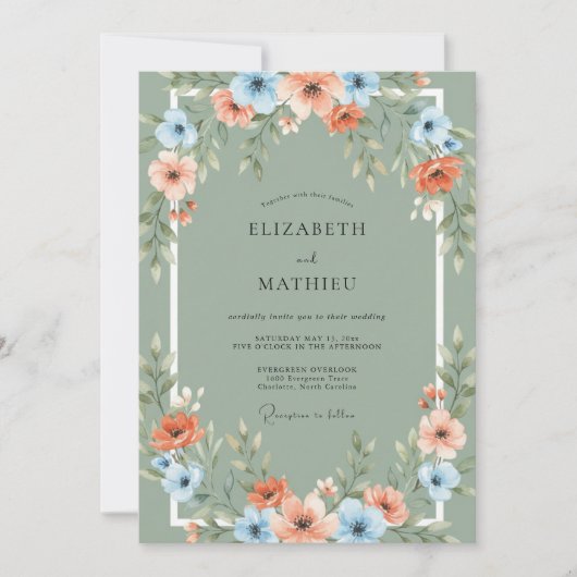 Invitation Mariage avec Arche Florale Bleu Corail (Devant)