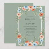 Invitation Mariage avec Arche Florale Bleu Corail (Devant / Derrière)