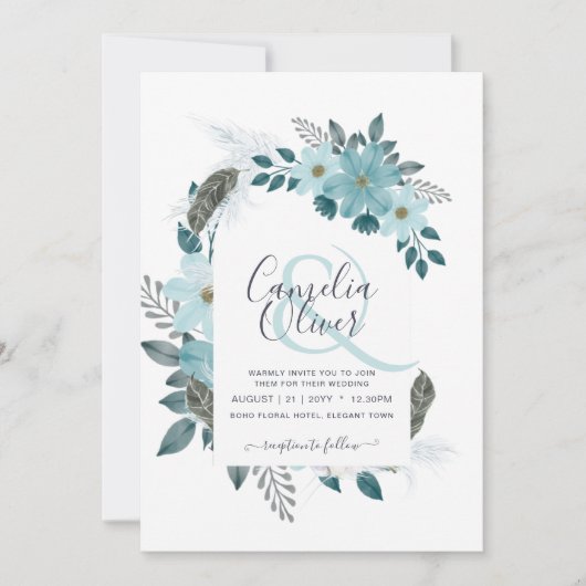 Invitation Mariage avec Arche Florale Bleu de Verre de Mer Té (Devant)