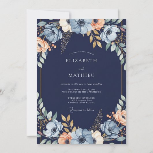 Invitation Mariage avec Arche Florale Bleu Marine (Devant)