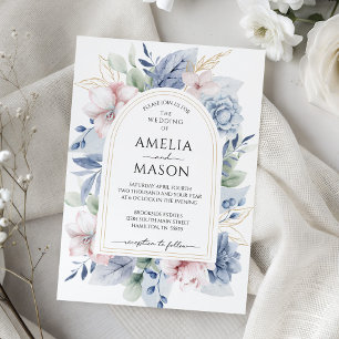 Invitation Mariage avec arche florale bleu poussiéreux et ros