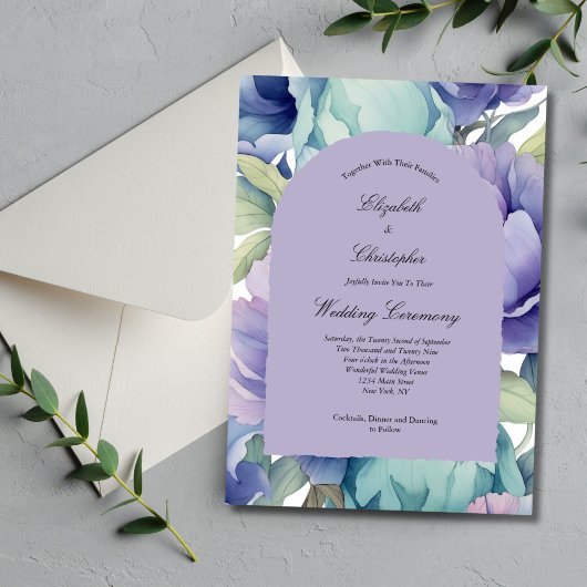 Invitation Mariage avec Arche Florale Bleu Violet Vert