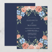 Invitation Mariage avec Arche Florale de Pêche Navy (Devant / Derrière)