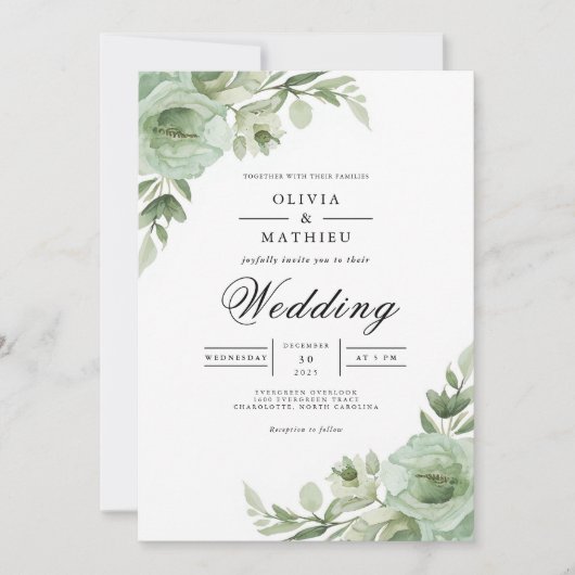 Invitation Mariage avec Arche Florale Vert Sauge (Devant)