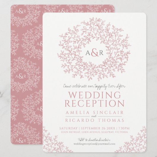 Invitation Mariage avec art de monogramme de feuille rose ten (Devant / Derrière)