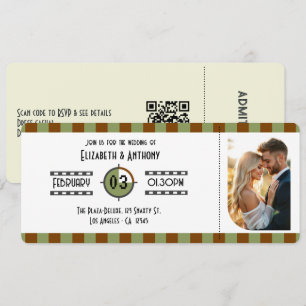 Invitation Mariage avec billets marron chocolat, vert sauge e