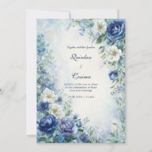 Invitation Mariage avec bordure aquarelle Indigo Rose Misty