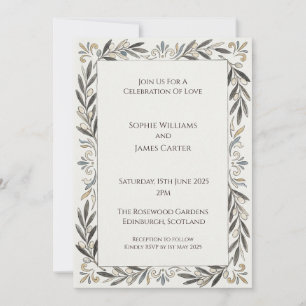 Invitation Mariage avec Bordure de Feuille Décorative Gris Sa