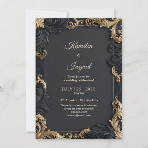 Invitation Mariage avec Bordure Filigrane Dorée de Minuit