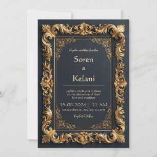 Invitation Mariage avec bordure filigranée or doré de minuit