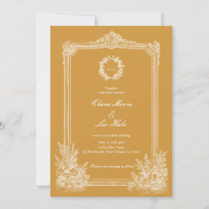 Invitation Mariage avec cadre orné vintage jaune moutarde