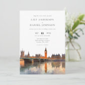 Invitation Mariage avec code QR aquarelle de la skyline de Lo (Debout devant)