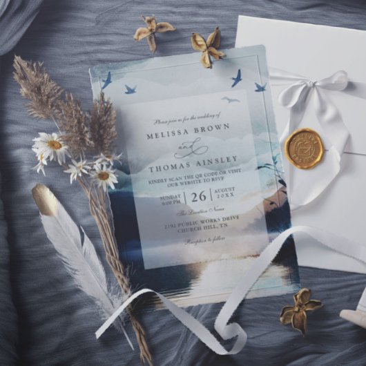 Invitation Mariage avec code QR aquarelle rustique du lac de