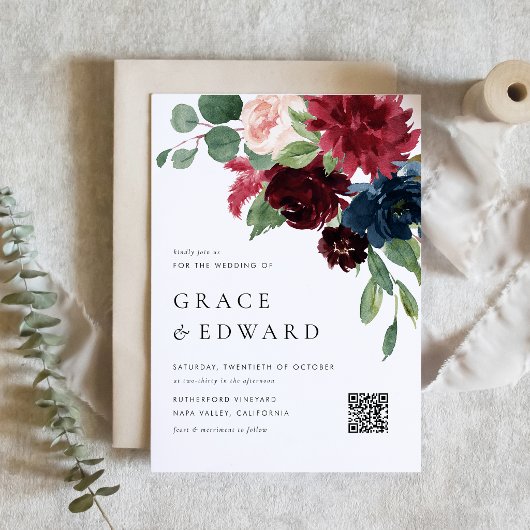 Invitation Mariage avec code QR botanique Burgundy et bleu ma
