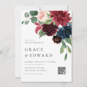 Invitation Mariage avec code QR botanique Burgundy et bleu ma (Devant)