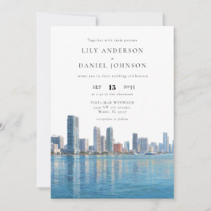 Invitation Mariage avec code QR de la skyline de Miami aquare