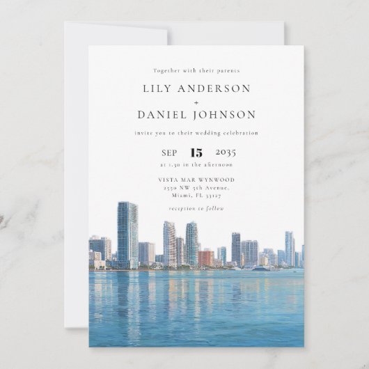 Invitation Mariage avec code QR de la skyline de Miami aquare (Devant)