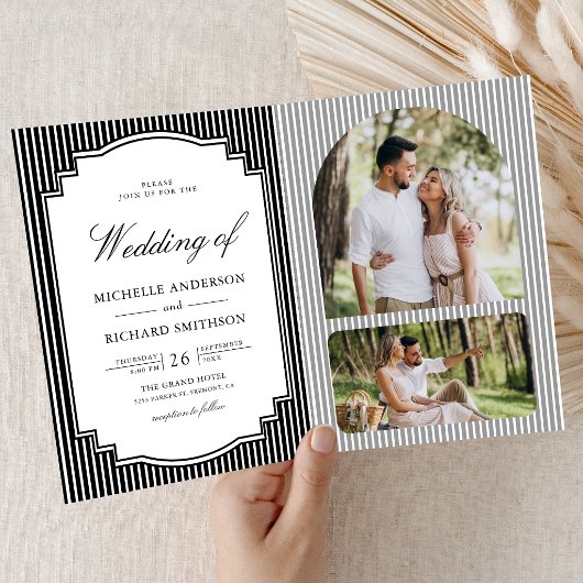 Invitation Mariage avec code QR de photo rayée noir et blanc