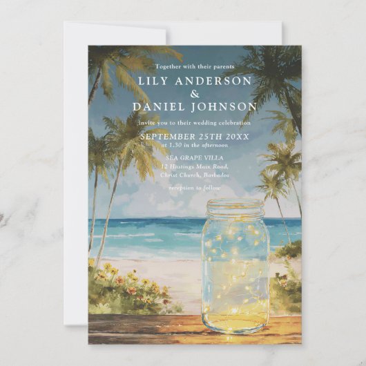 Invitation Mariage avec code QR de pot Mason de plage à l'aqu (Devant)