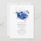Invitation Mariage avec code QR de réponse florale bleu royal (Devant)