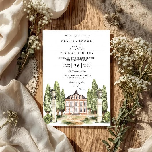 Invitation Mariage avec code QR du manoir anglais à l'aquarel