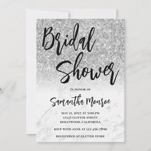 Invitation Mariage avec code QR en Glitter Argent et Marbre (Devant)