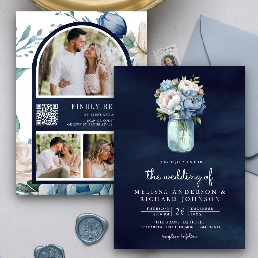 Invitation Mariage avec code QR en pot Mason de pivoine bleu 