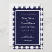 Invitation Mariage avec code QR et bordure Harlequin bleu mar (Devant)