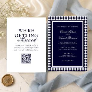 Invitation Mariage avec code QR et bordure Harlequin bleu mar