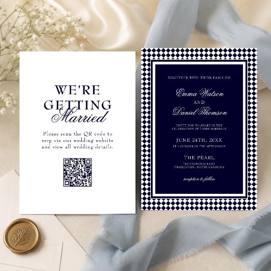 Invitation Mariage avec code QR et bordure Harlequin bleu mar