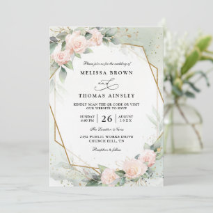 Invitation Mariage avec Code QR Fleurs de Greenery Rose Pâle