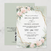 Invitation Mariage avec Code QR Fleurs de Greenery Rose Pâle (Devant / Derrière)