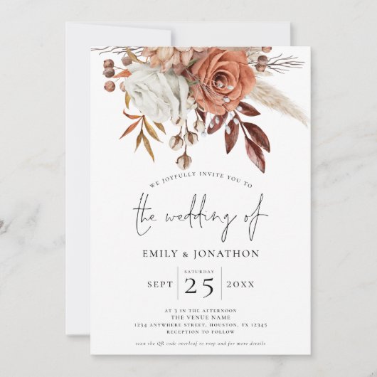 Invitation Mariage avec code QR Fleurs de Terracotta Rustique (Devant)