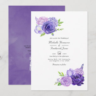 Invitation Mariage avec code QR floral aquarelle ultra violet
