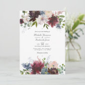 Invitation Mariage avec code QR floral bordeaux, marine et ro (Debout devant)