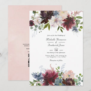 Invitation Mariage avec code QR floral bordeaux, marine et ro